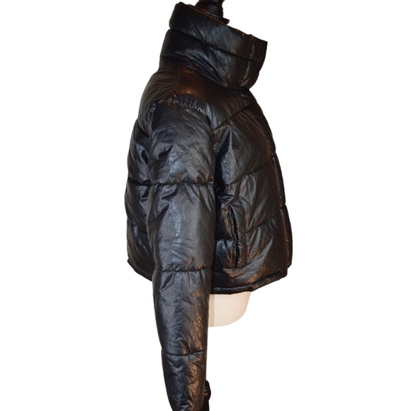 LA Coalition Vegan Leather Look Black Cropped Puffer Jacket, Large - Picture 12 of 14